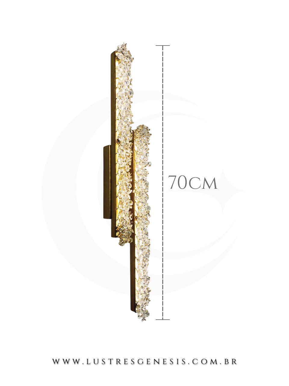 Arandela ou plafon de cristal Stretto duplo instalado em parede, com design moderno e ilumina&ccedil;&atilde;o sofisticada, ideal para quarto, cabeceira de cama, corredor e escadas.